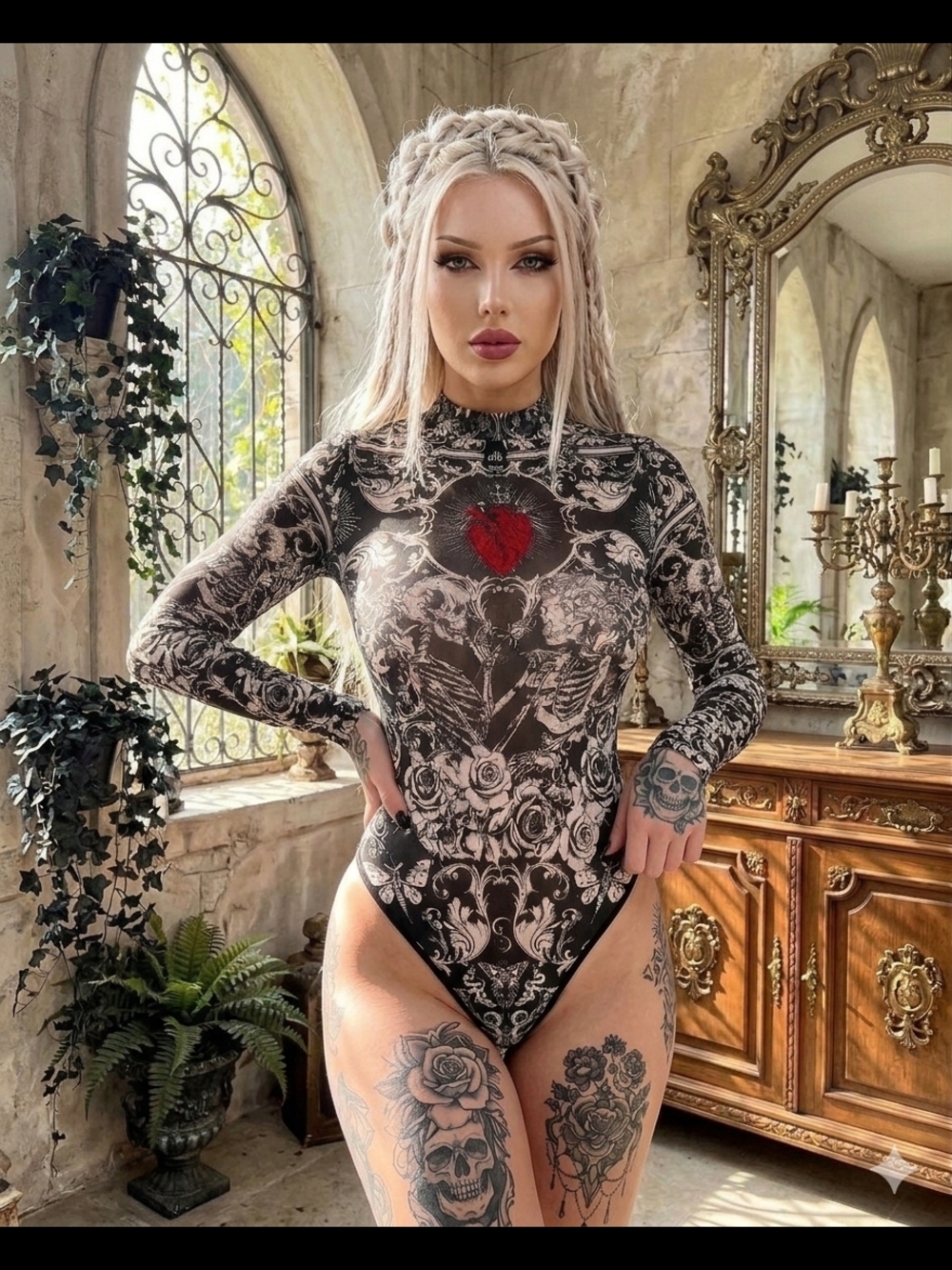 Black Gothic Floral Long-Sleeve Bodysuit with Red Heart Accent
